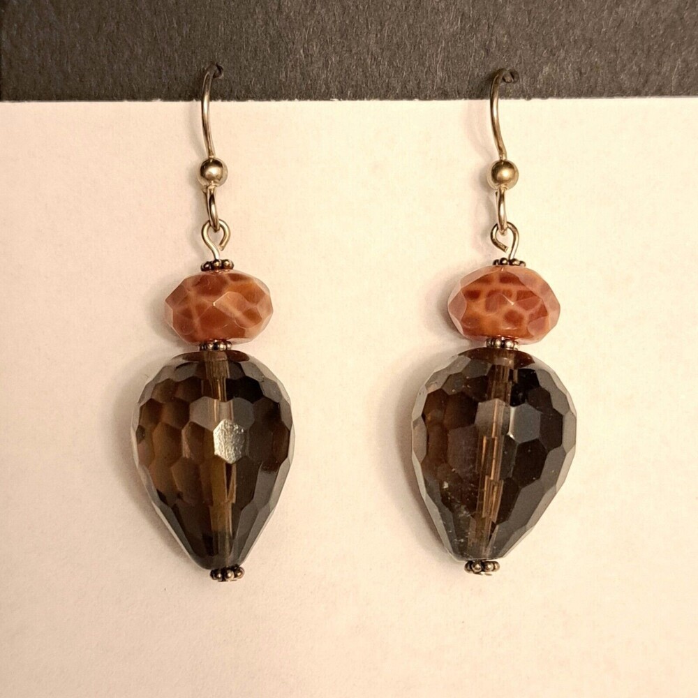 Handmade Fire Agate Smoky Quartz Dangle Earrings Natural Gemstone